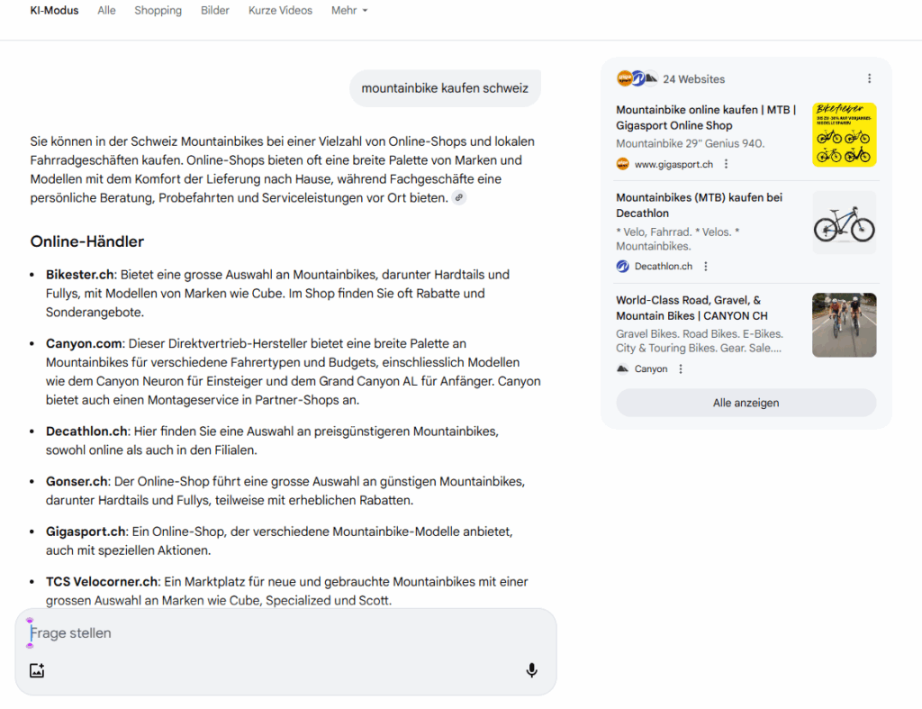 Bild 2: Google KI-Modus bei der Suche “Mountainbike kaufen Schweiz". Bildquelle: Google Screenshot