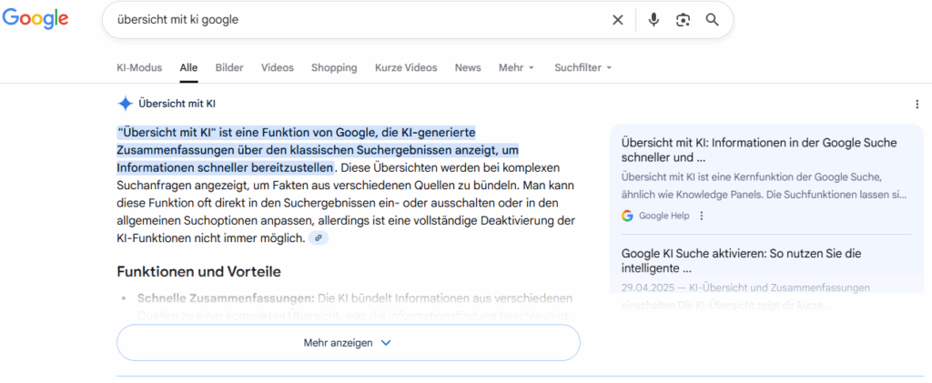 Das KI-Overview in der Google-Suche. Bildquelle: Google Screenshot