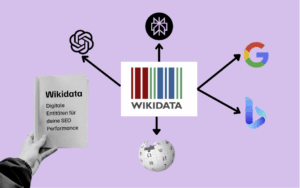 Hand hält Notiz auf welche sagt Wikidata für SEO, die Logos von Google, Bing, Chatgpt, Perplexity und Wikipedia sind zu sehen.