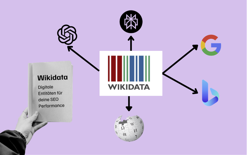 Hand hält Notiz auf welche sagt Wikidata für SEO, die Logos von Google, Bing, Chatgpt, Perplexity und Wikipedia sind zu sehen.